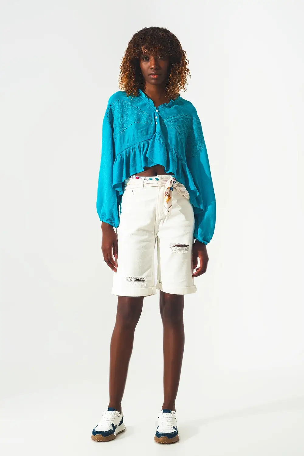 Shirred crop top with embroidery in blue - BLUE / ONE - Tops