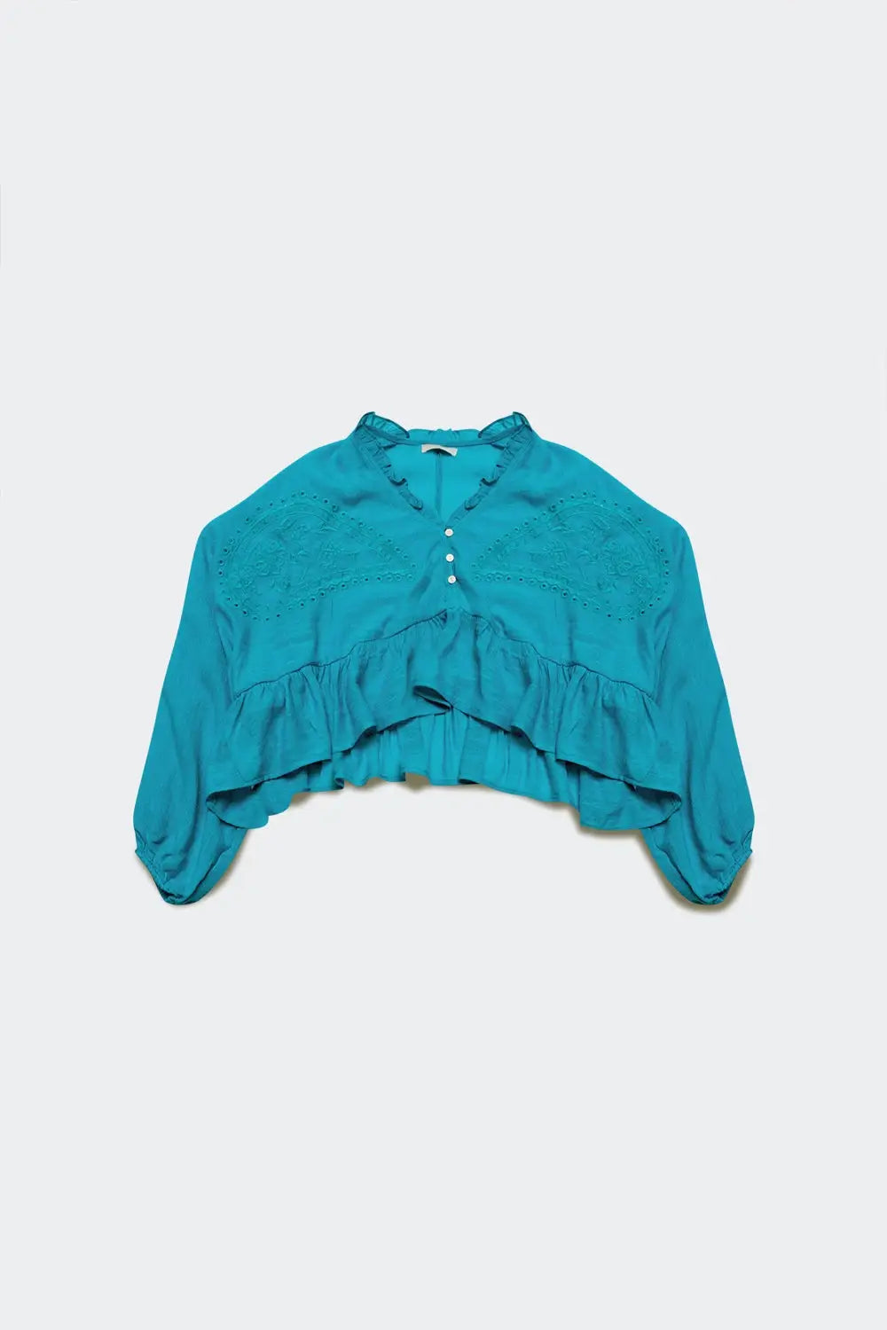 Shirred crop top with embroidery in blue - BLUE / ONE - Tops