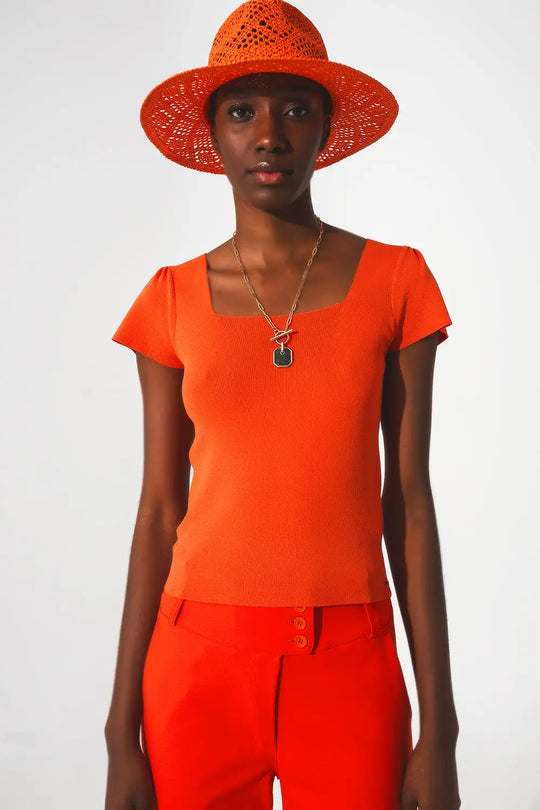 square neck puff sleeve sweater in orange - Sweaters