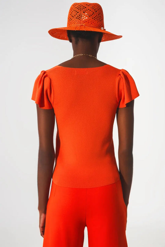 square neck puff sleeve sweater in orange - Sweaters