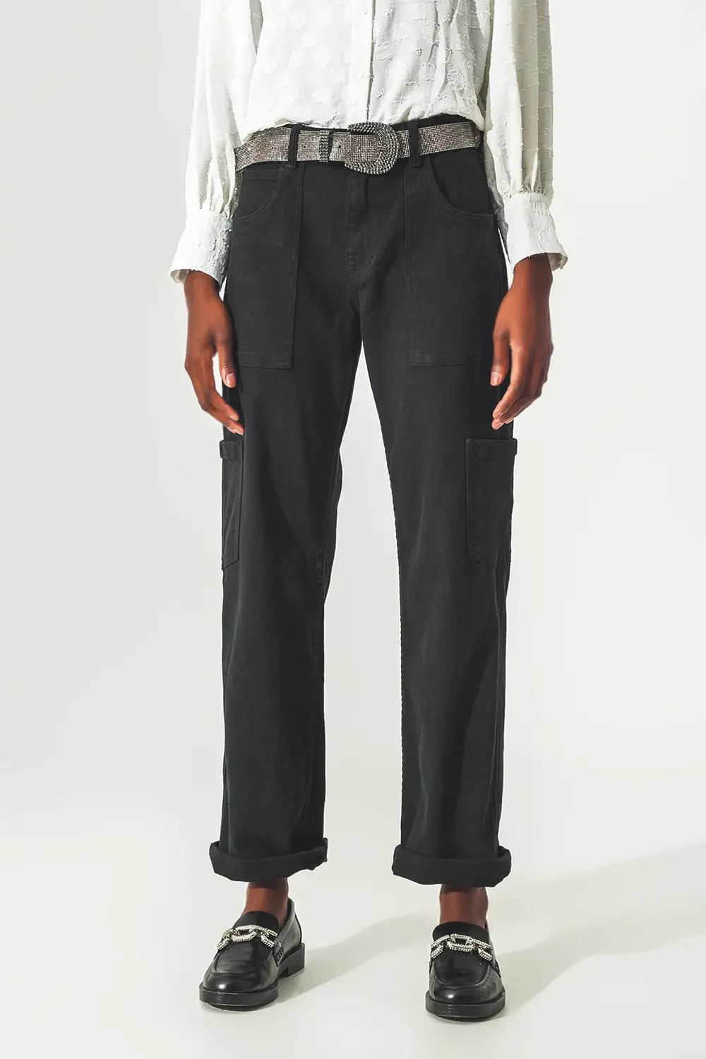 Straight Leg Cargo Pants in Black - Colored Jeans
