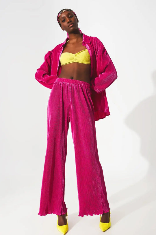 Satin pleated wide leg pants in fuchsia - Pants