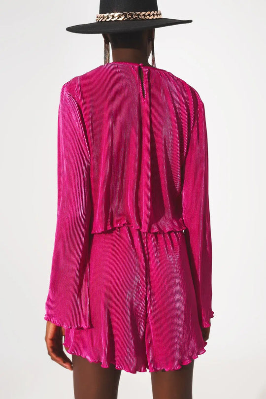 Pleated round neck crop top in fuchsia - Tops