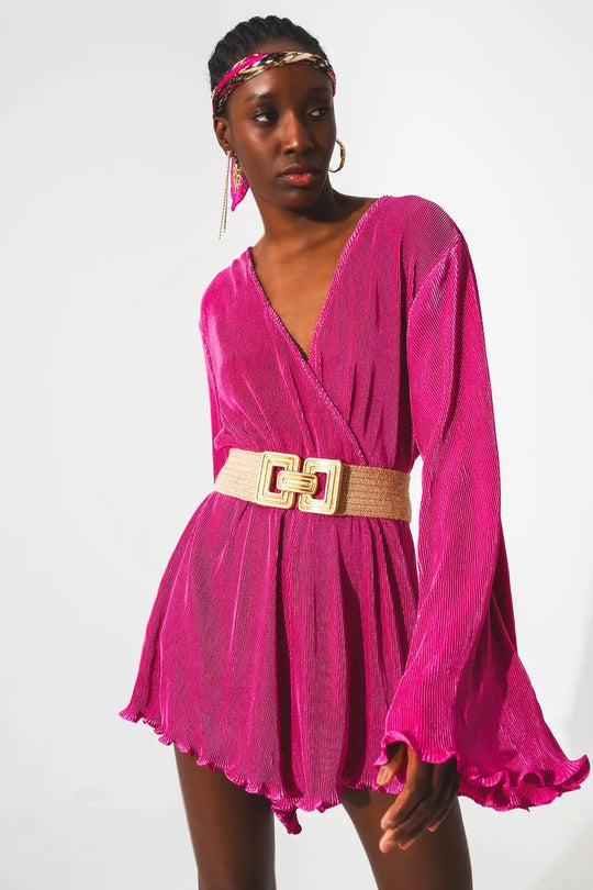 Satin wrap deatil pleated short jumpsuit in fuchsia - Jumpsuits