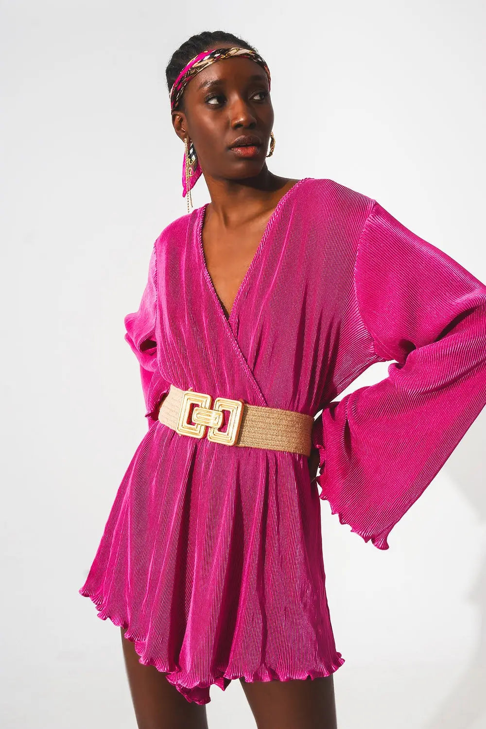 Satin wrap deatil pleated short jumpsuit in fuchsia - Jumpsuits
