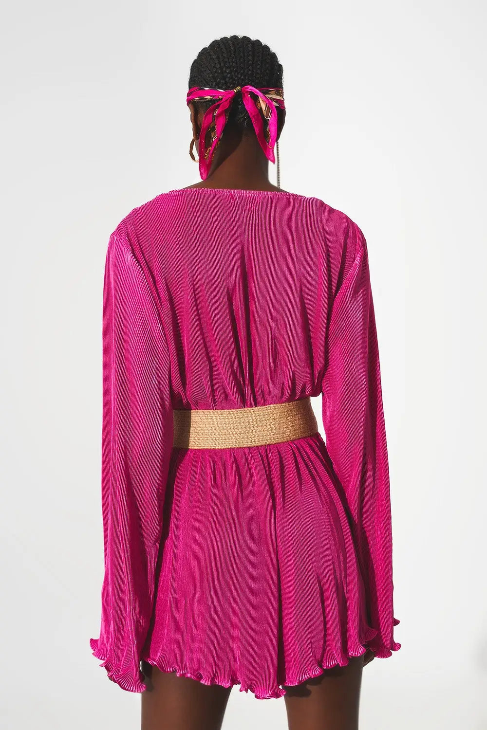 Satin wrap deatil pleated short jumpsuit in fuchsia - Jumpsuits