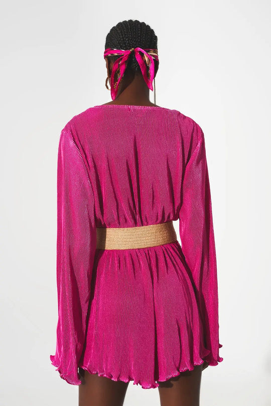 Satin wrap deatil pleated short jumpsuit in fuchsia - Jumpsuits
