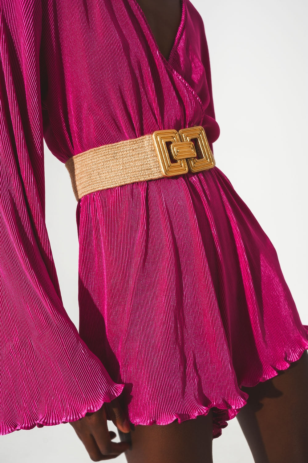 Satin wrap deatil pleated short jumpsuit in fuchsia