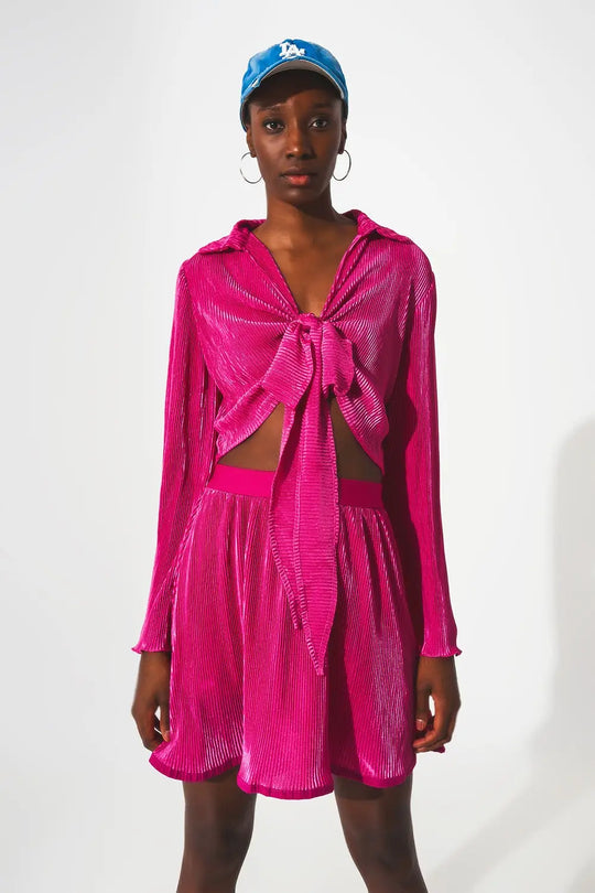 Tie front pleated crop top in fuchsia - Shirts