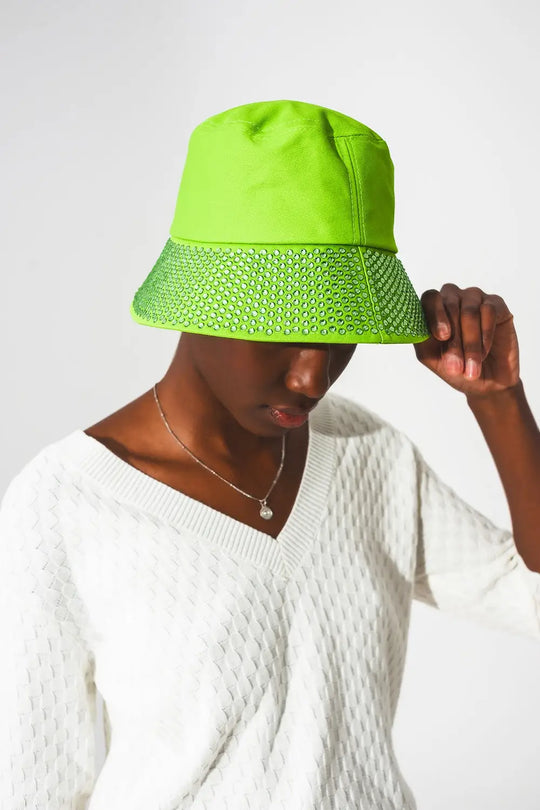 Strass Detail Bucket Hat in Green - GREEN / ONE - Hats