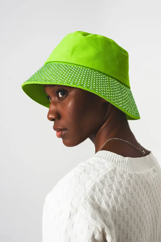 Strass Detail Bucket Hat in Green - GREEN / ONE - Hats
