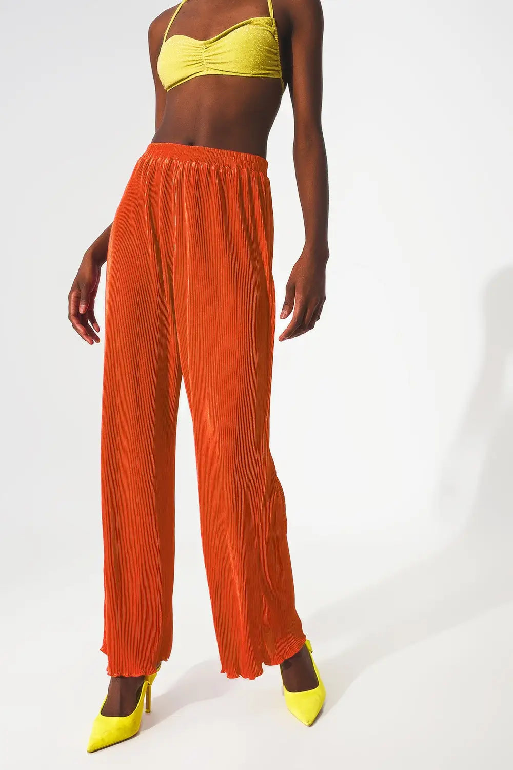 Satin pleated wide leg pants in orange - Pants