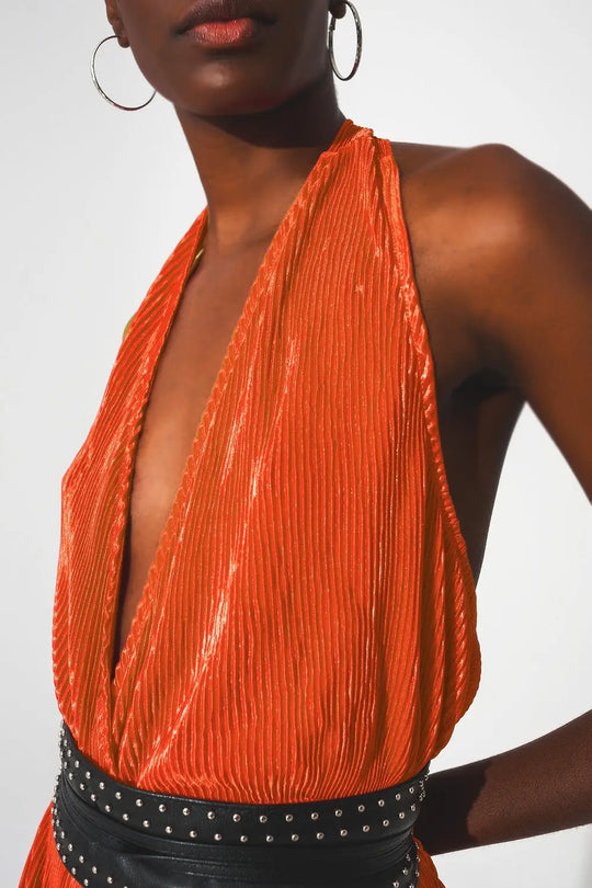Satin halter neck pleated maxi jumpsuit in orange - Jumpsuits