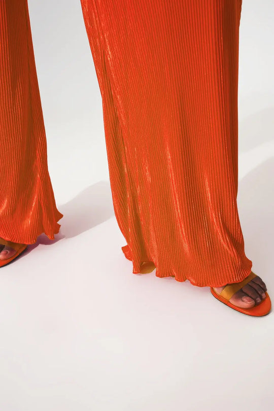 Satin halter neck pleated maxi jumpsuit in orange - Jumpsuits