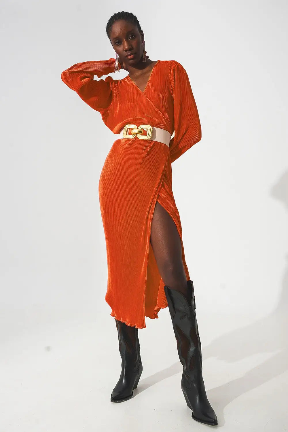 Satin wrap deatil pleated dress in orange - Dresses
