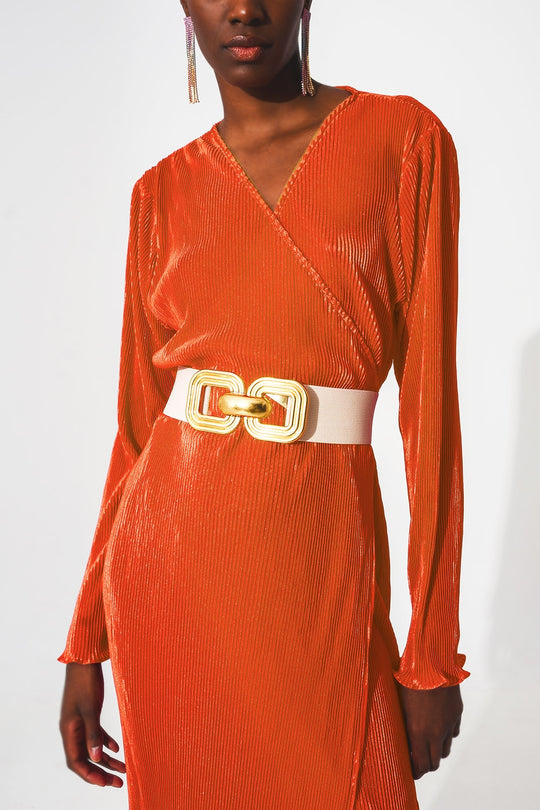 Satin wrap deatil pleated dress in orange