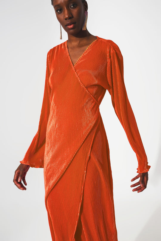 Satin wrap deatil pleated dress in orange