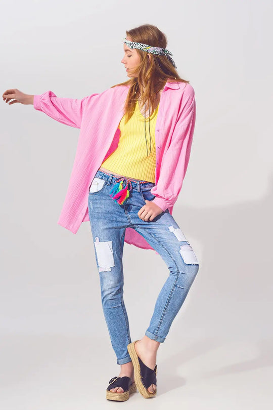 Textured Loose Fit Shirt in Pink - Shirts
