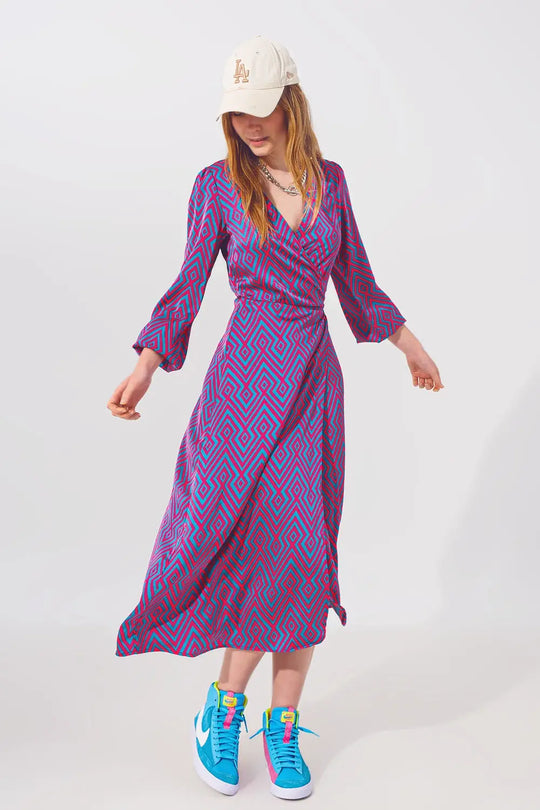 Long Sleeve Maxi Wrap Dress in Geo Print - Dresses