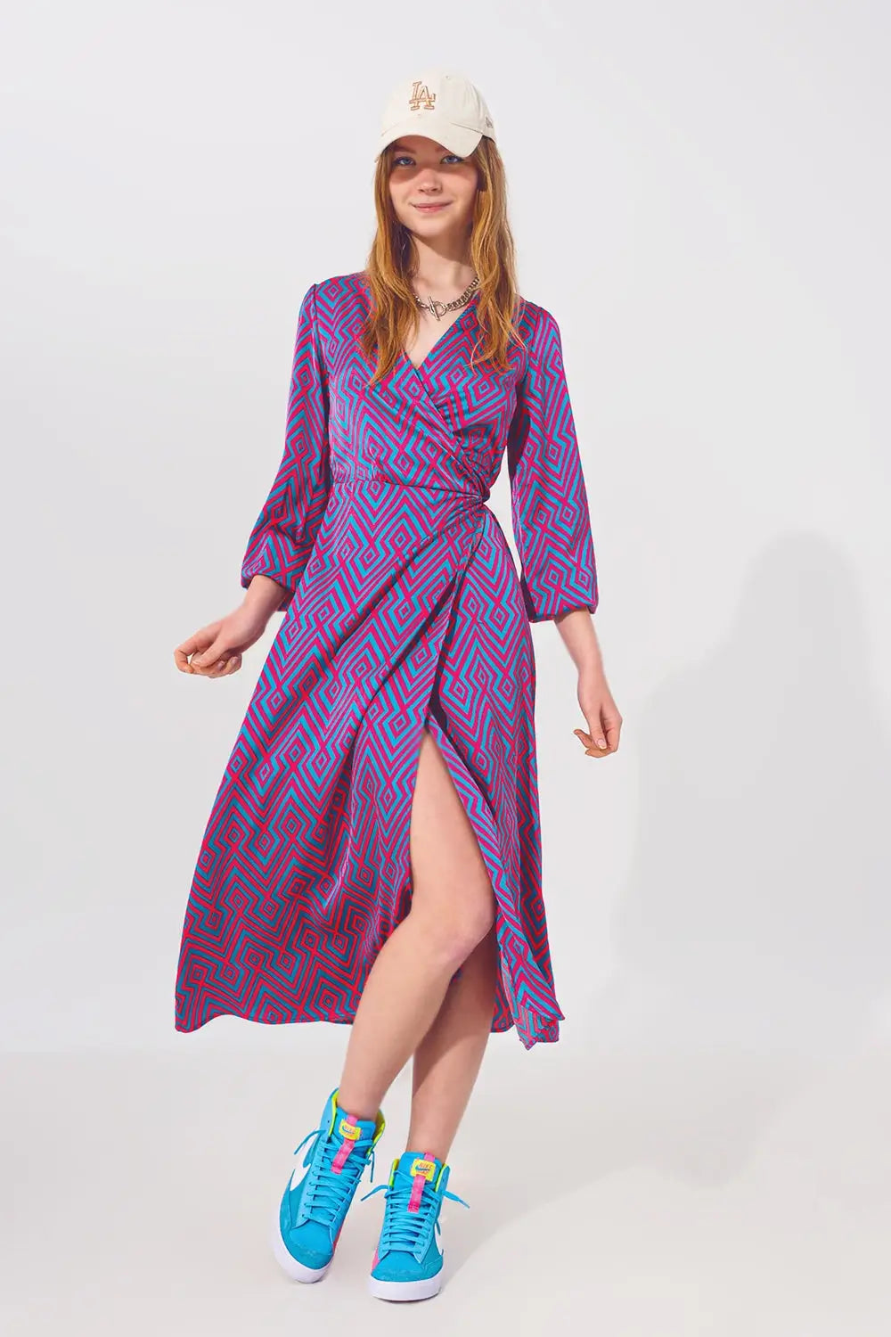 Long Sleeve Maxi Wrap Dress in Geo Print - Dresses