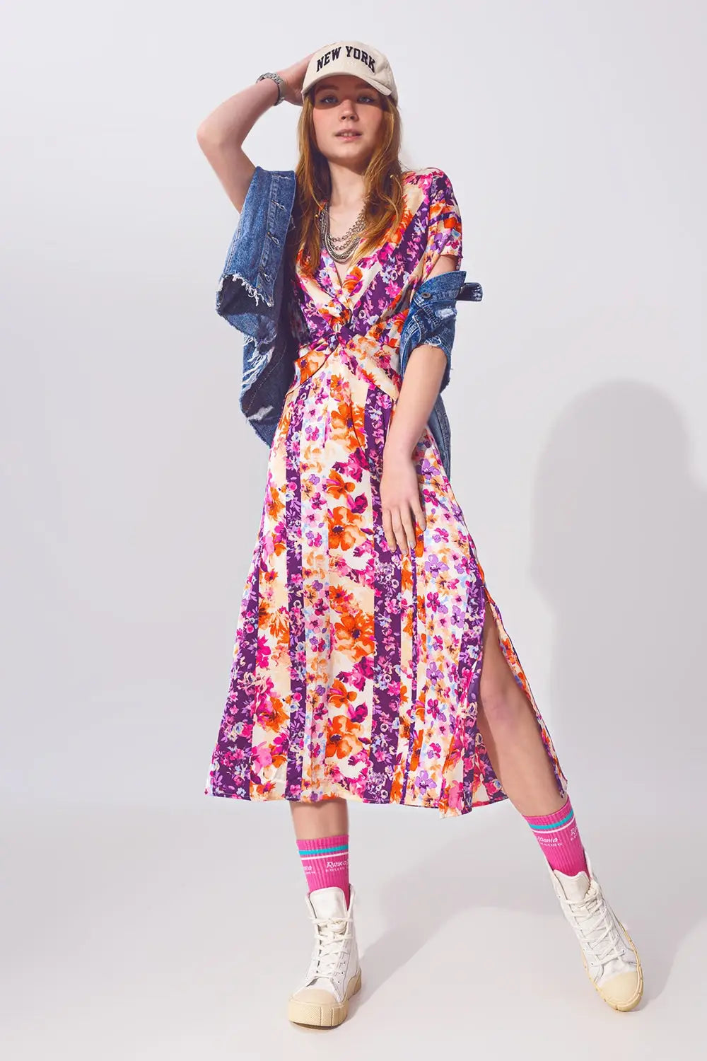 Flower Print Front Knot Maxi Dress in Multicolour - Dresses