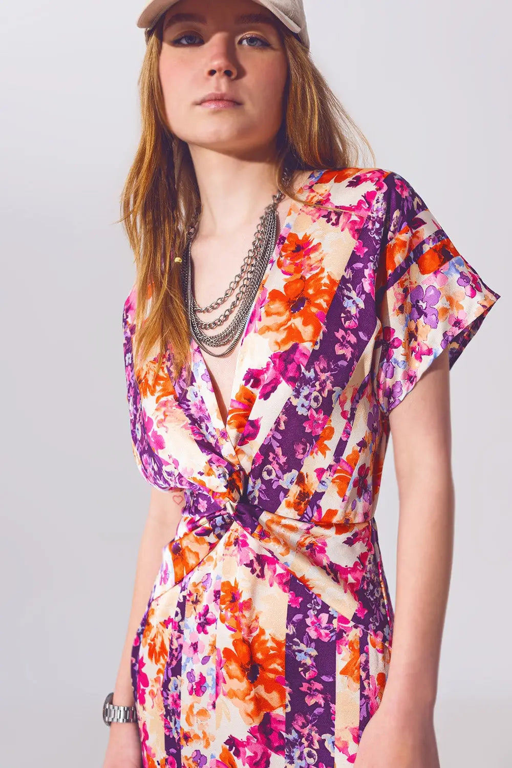 Flower Print Front Knot Maxi Dress in Multicolour - Dresses