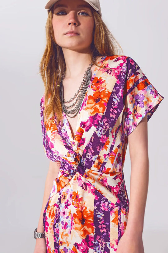 Flower Print Front Knot Maxi Dress in Multicolour - Dresses
