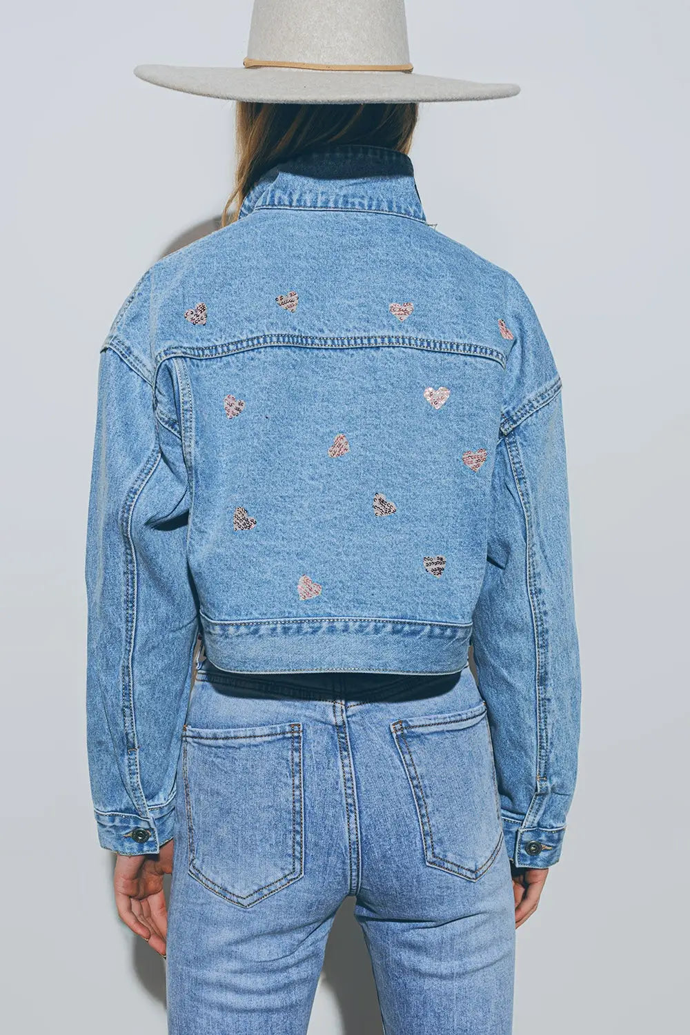 Cropped Denim Jacket With Embellished Hearts in Mid Wash - Jackets