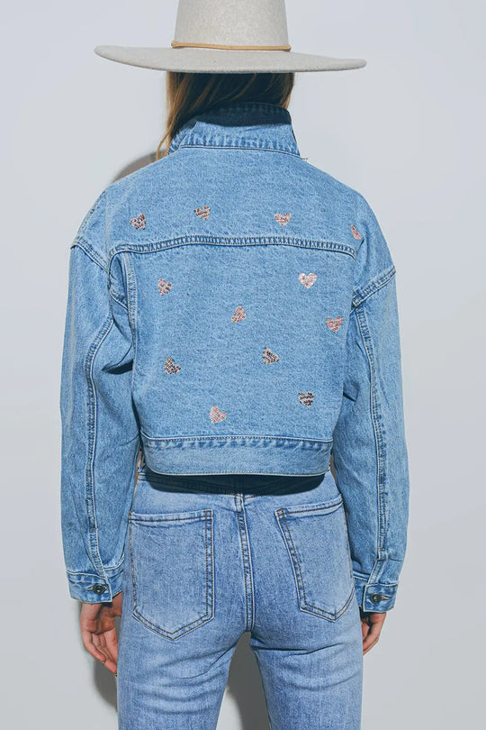 Cropped Denim Jacket With Embellished Hearts in Mid Wash - Jackets