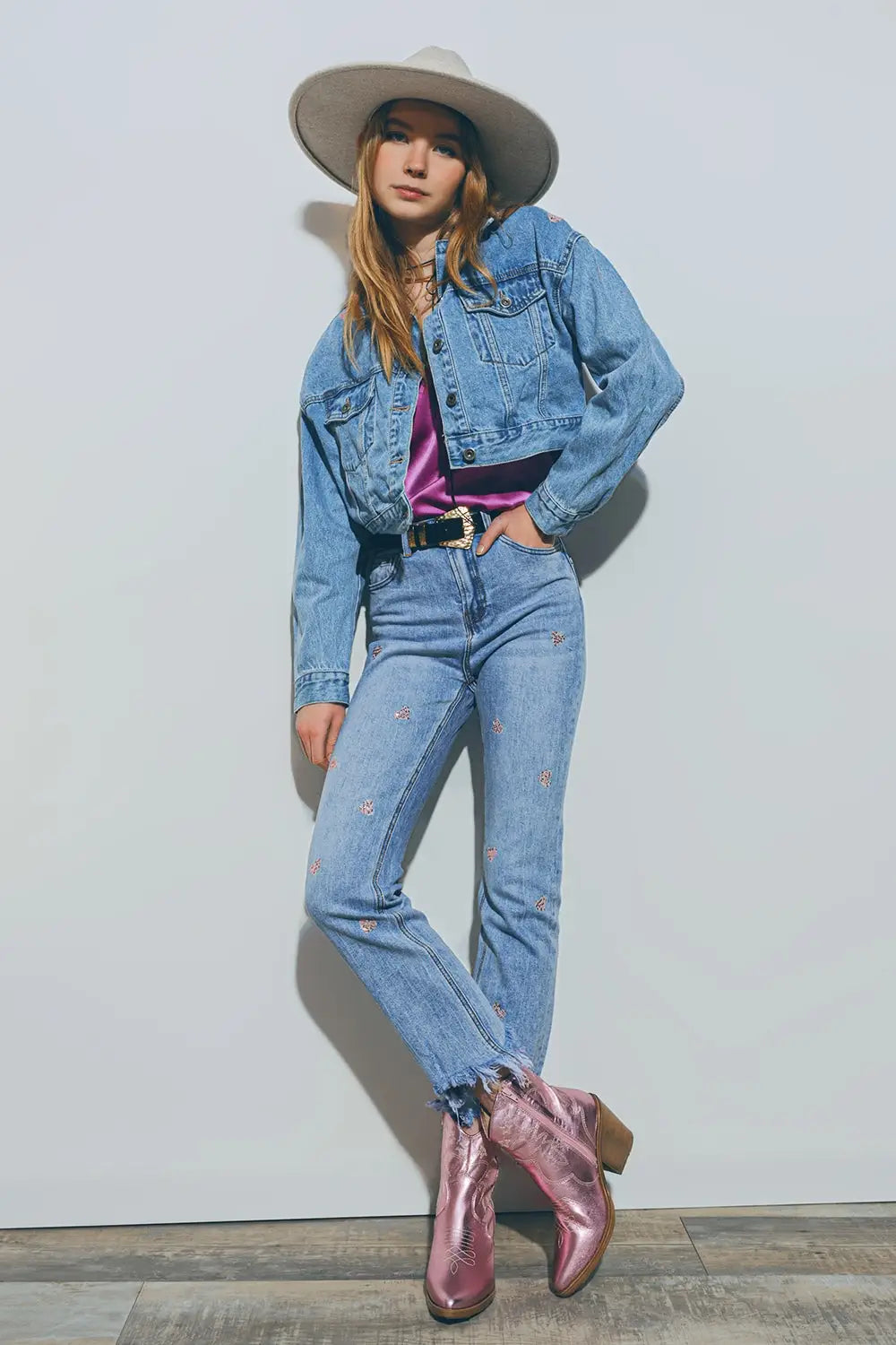 Cropped Denim Jacket With Embellished Hearts in Mid Wash - Jackets