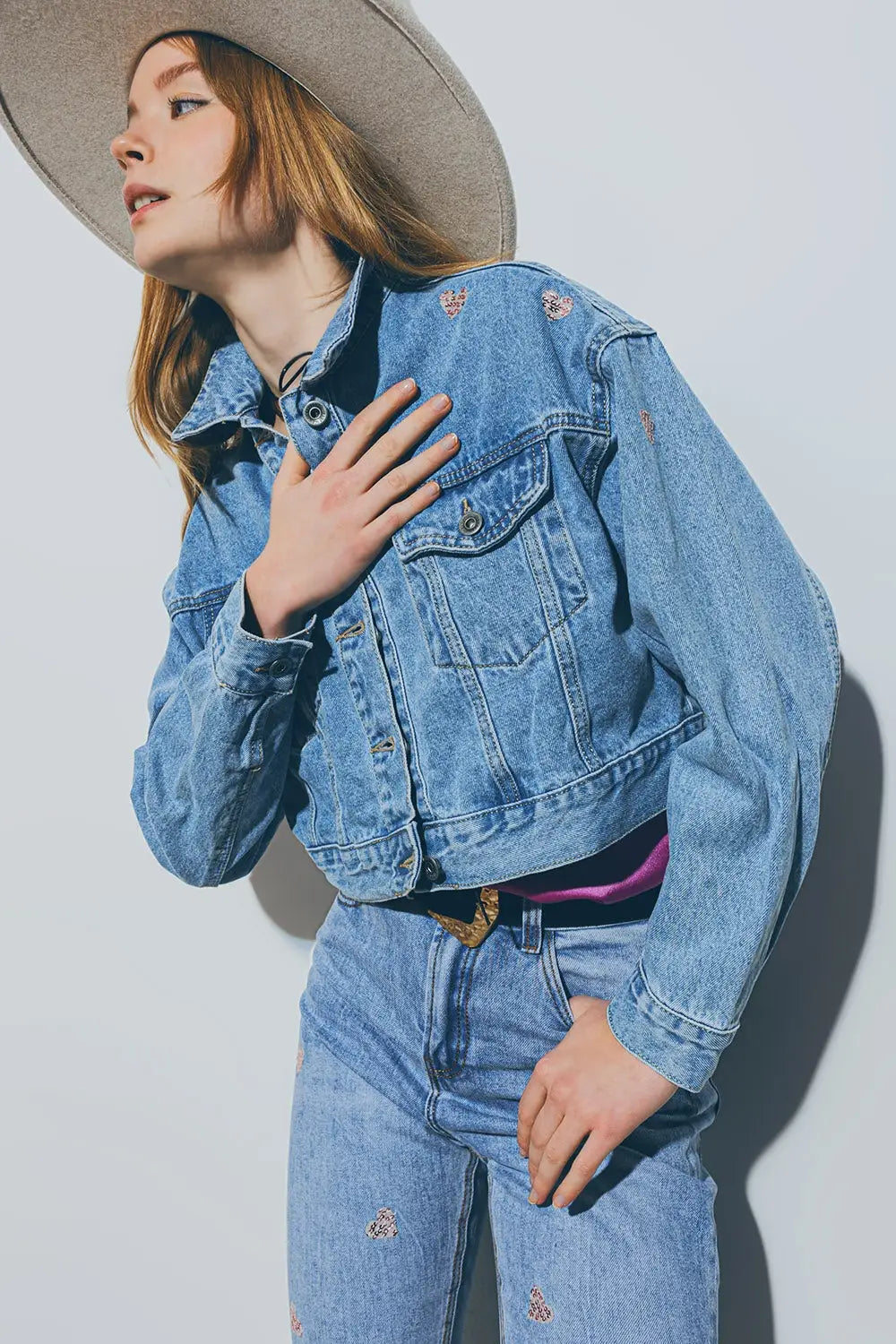 Cropped Denim Jacket With Embellished Hearts in Mid Wash - Jackets