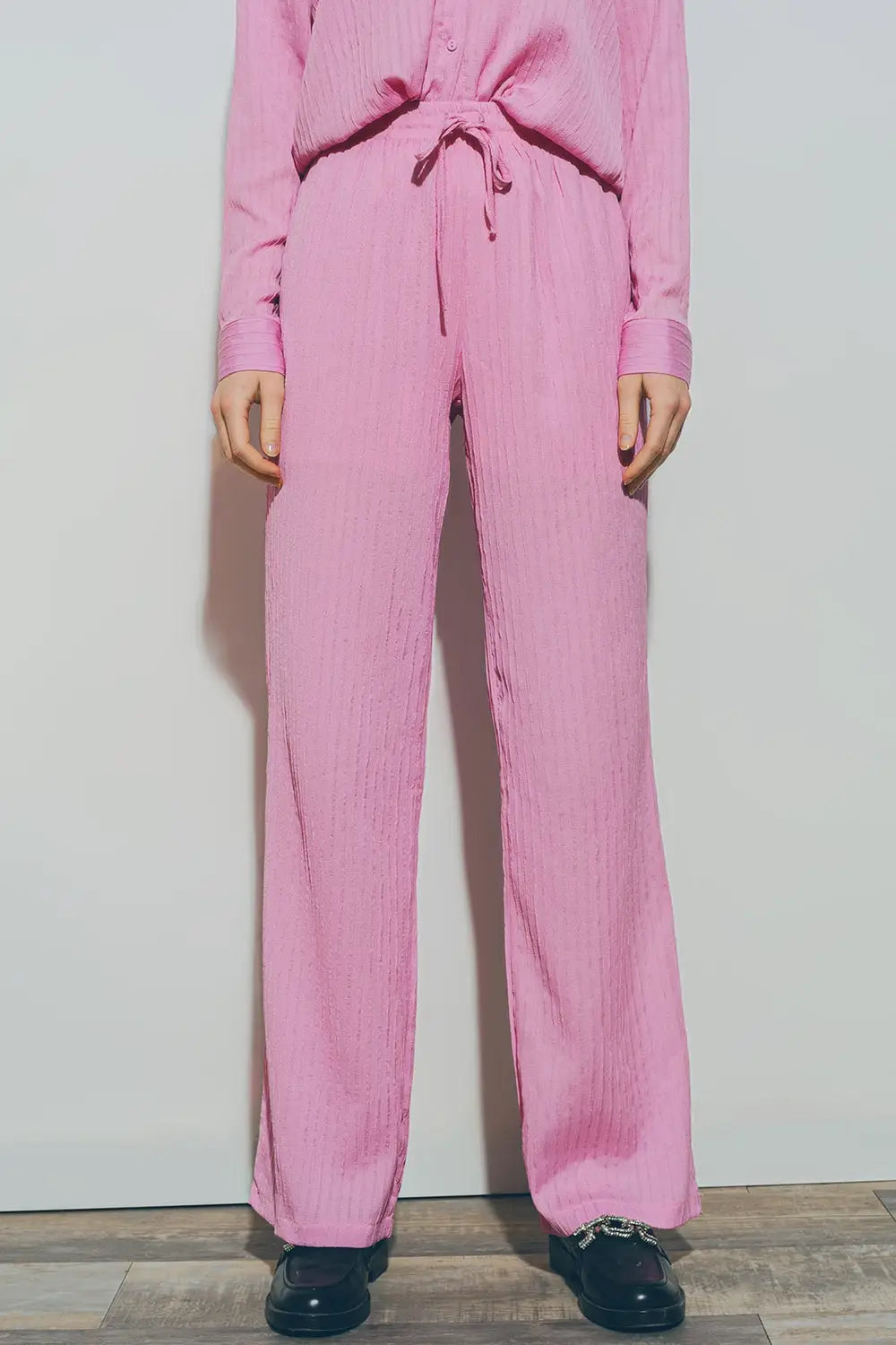 Textured Wide Leg Pants in Pink - Pants