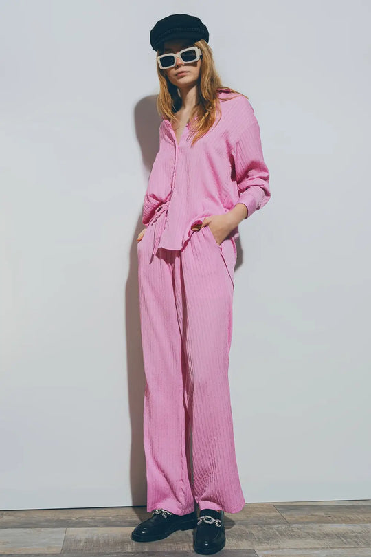 Textured Wide Leg Pants in Pink - Pants