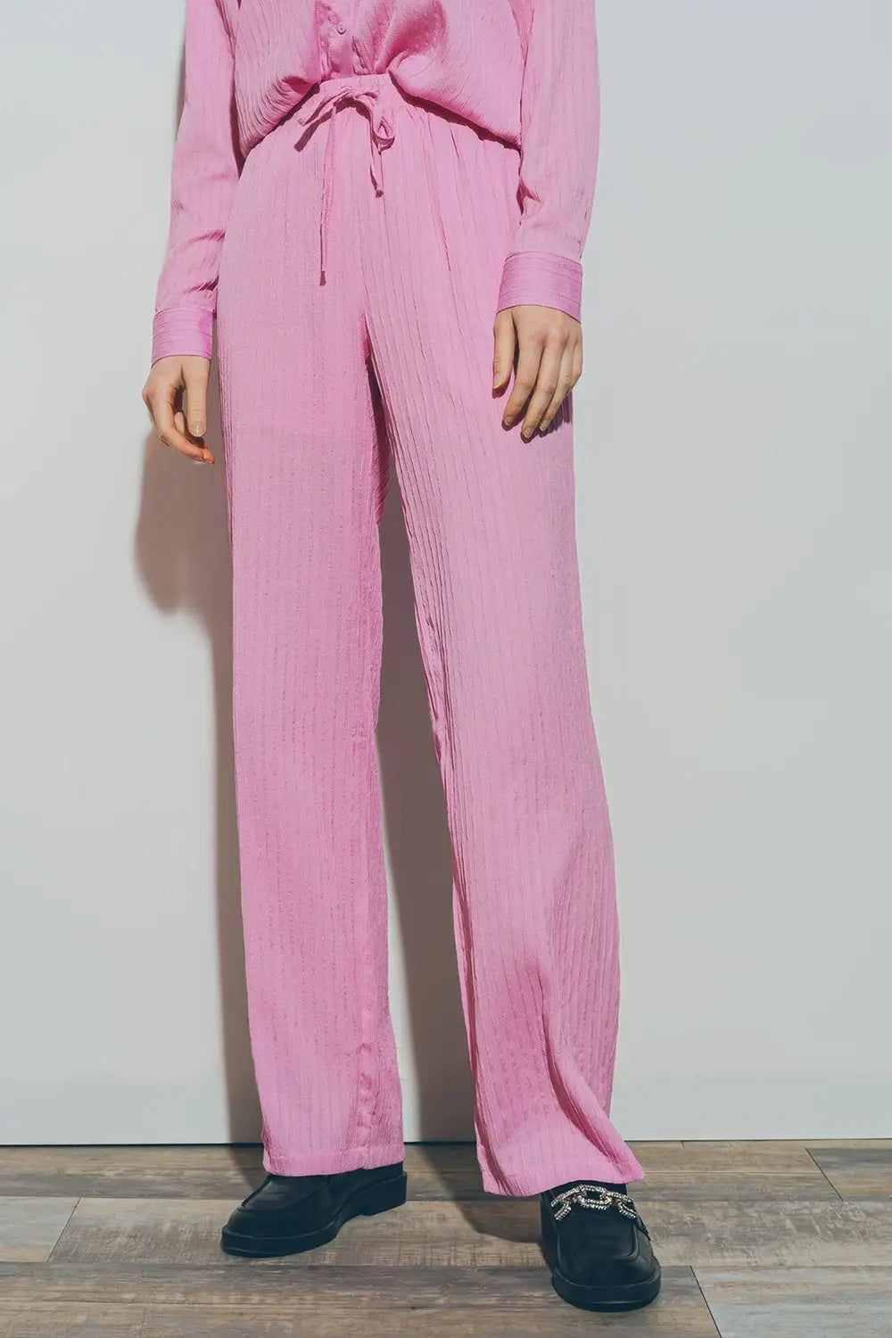 Textured Wide Leg Pants in Pink - Pants