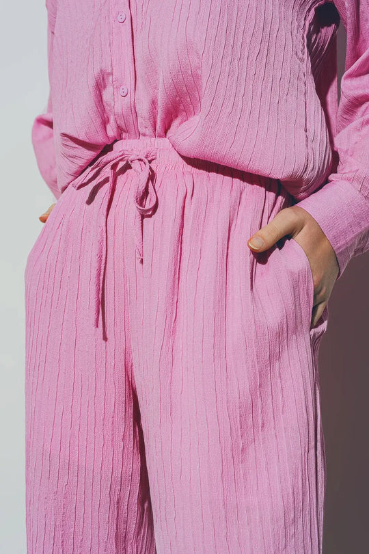 Textured Wide Leg Pants in Pink - Pants