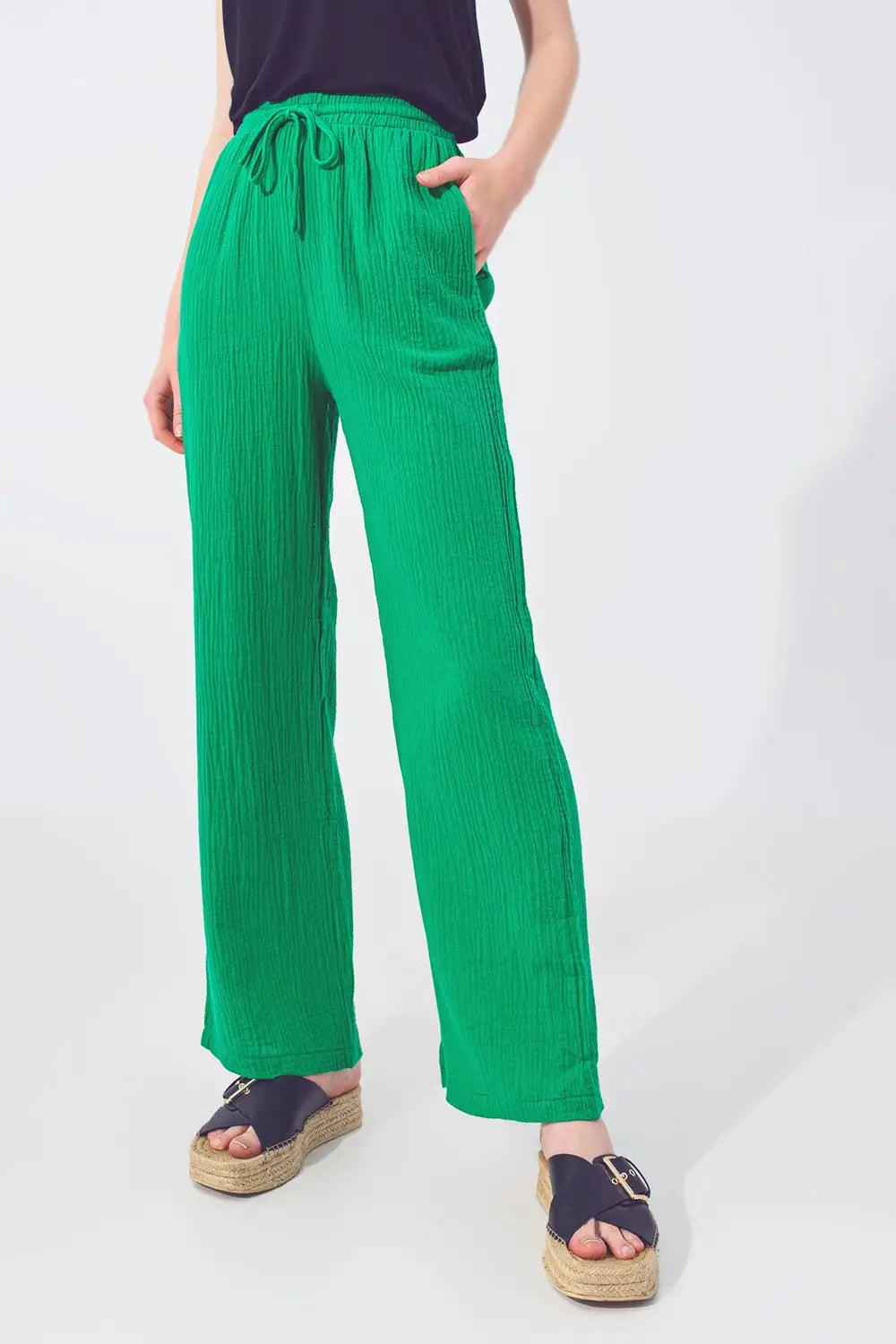Textured Loose Fit Pants in Green - Pants