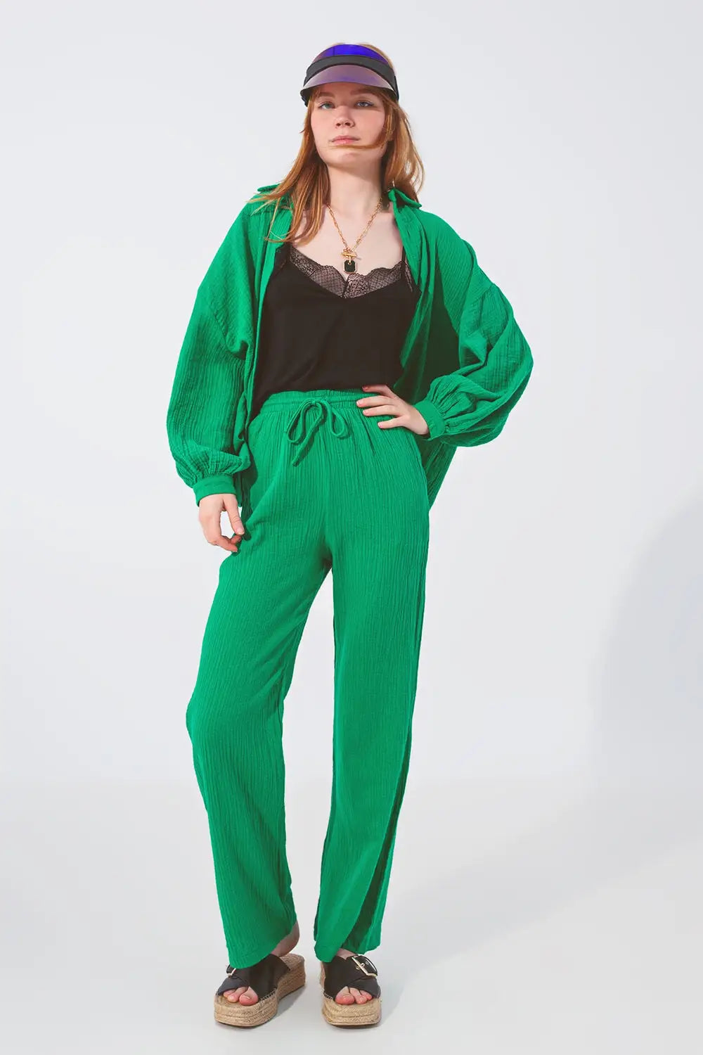 Textured Loose Fit Pants in Green - Pants
