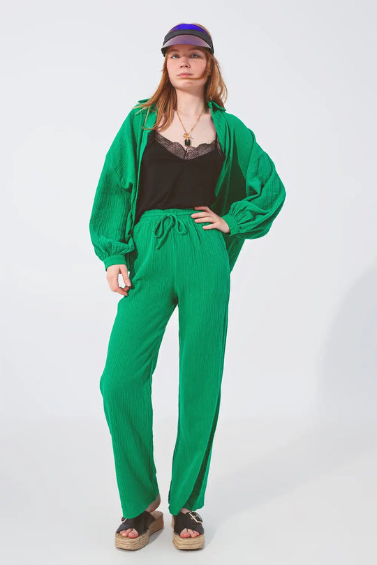 Textured Loose Fit Pants in Green - Pants