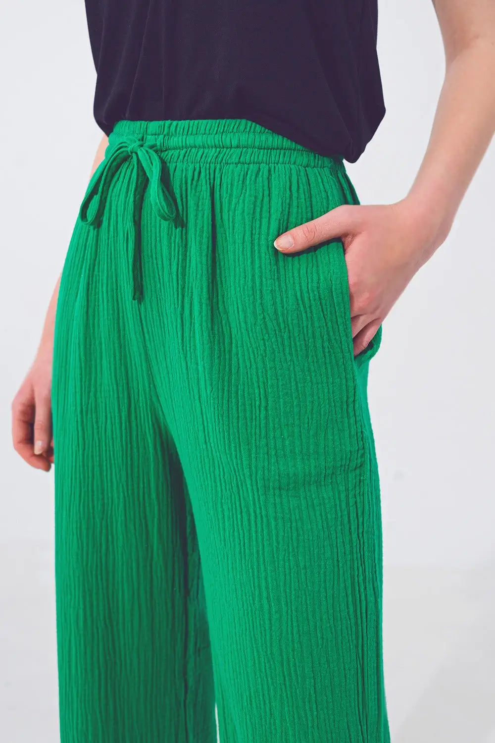 Textured Loose Fit Pants in Green - Pants