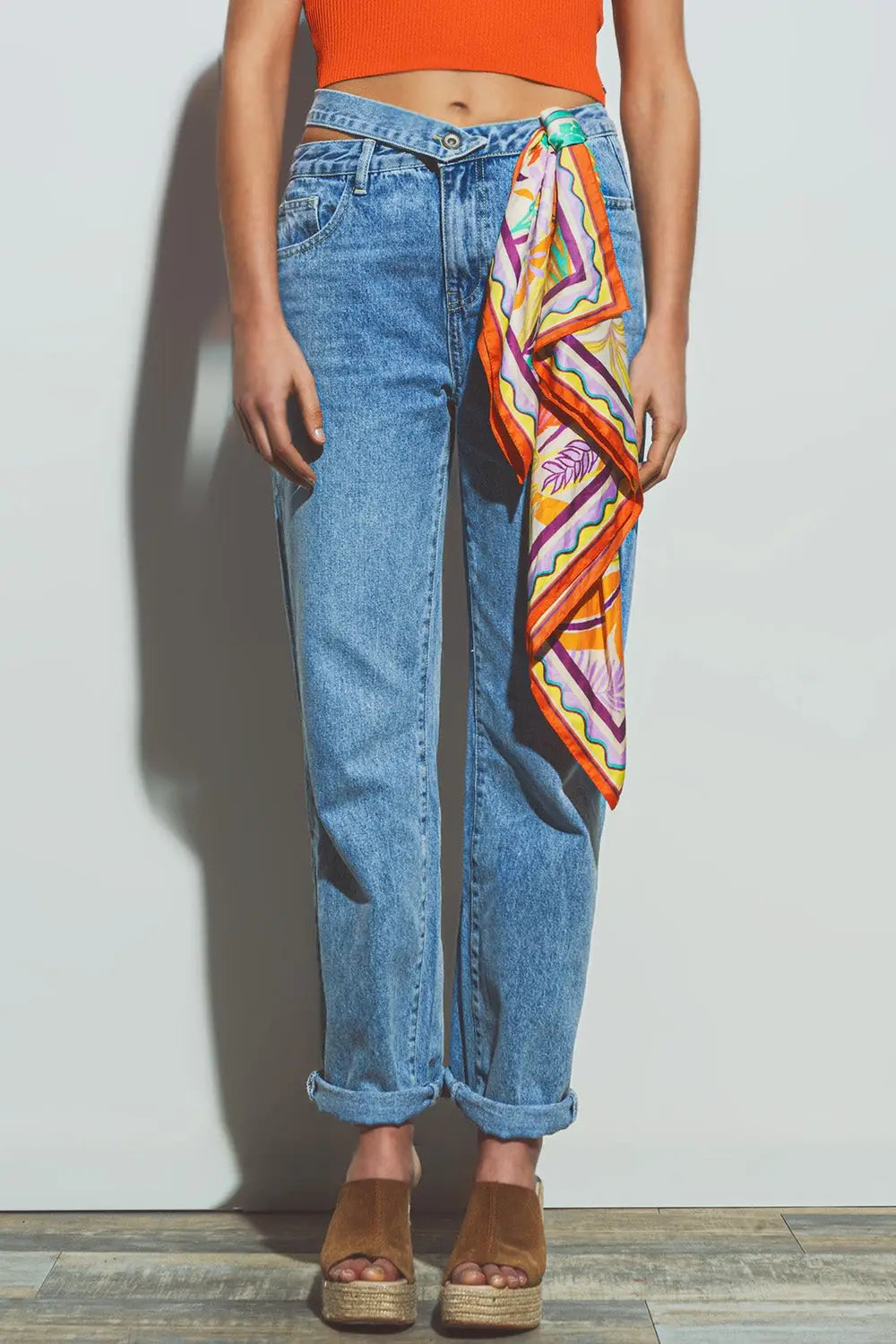 Jeans with Belt Detail in Med Wash