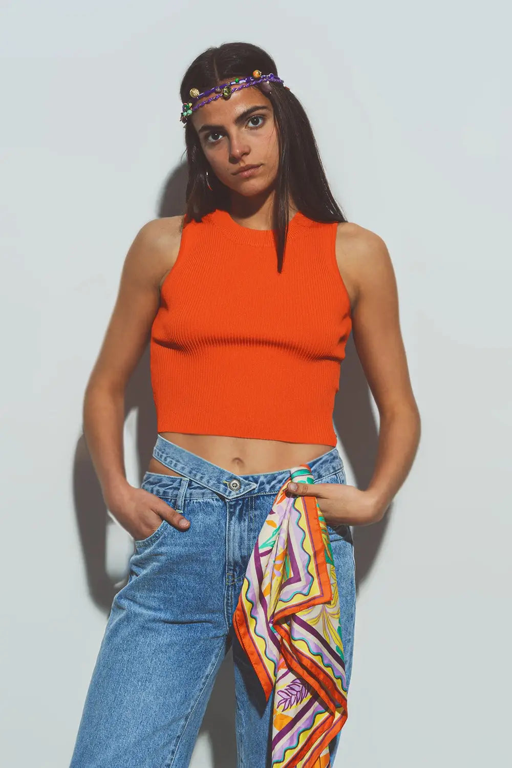 Cropped Knitted Tank Top in Orange - Sweaters