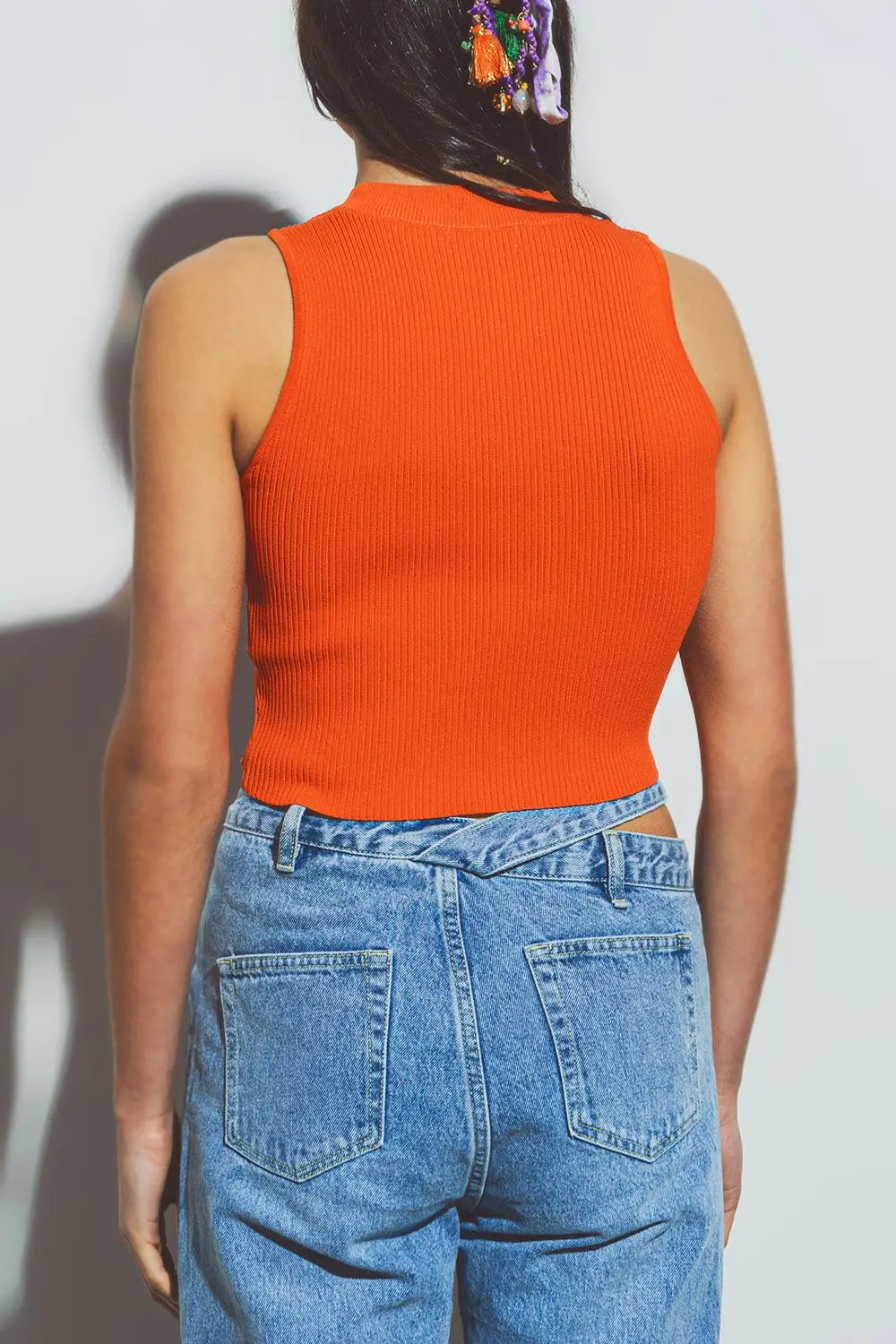 Cropped Knitted Tank Top in Orange - Sweaters