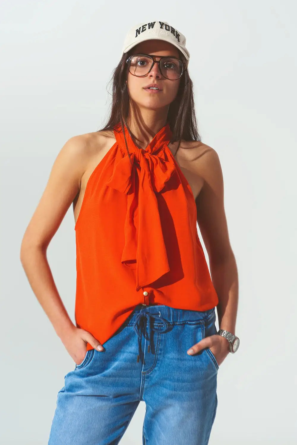 Halter Neck Top with Button Details in Orange - Shirts Tops