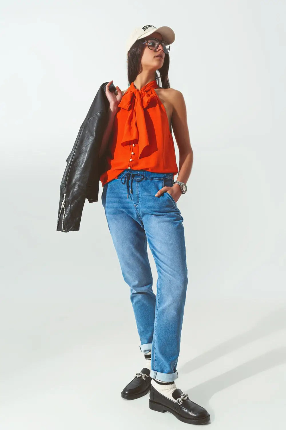 Halter Neck Top with Button Details in Orange - Shirts Tops
