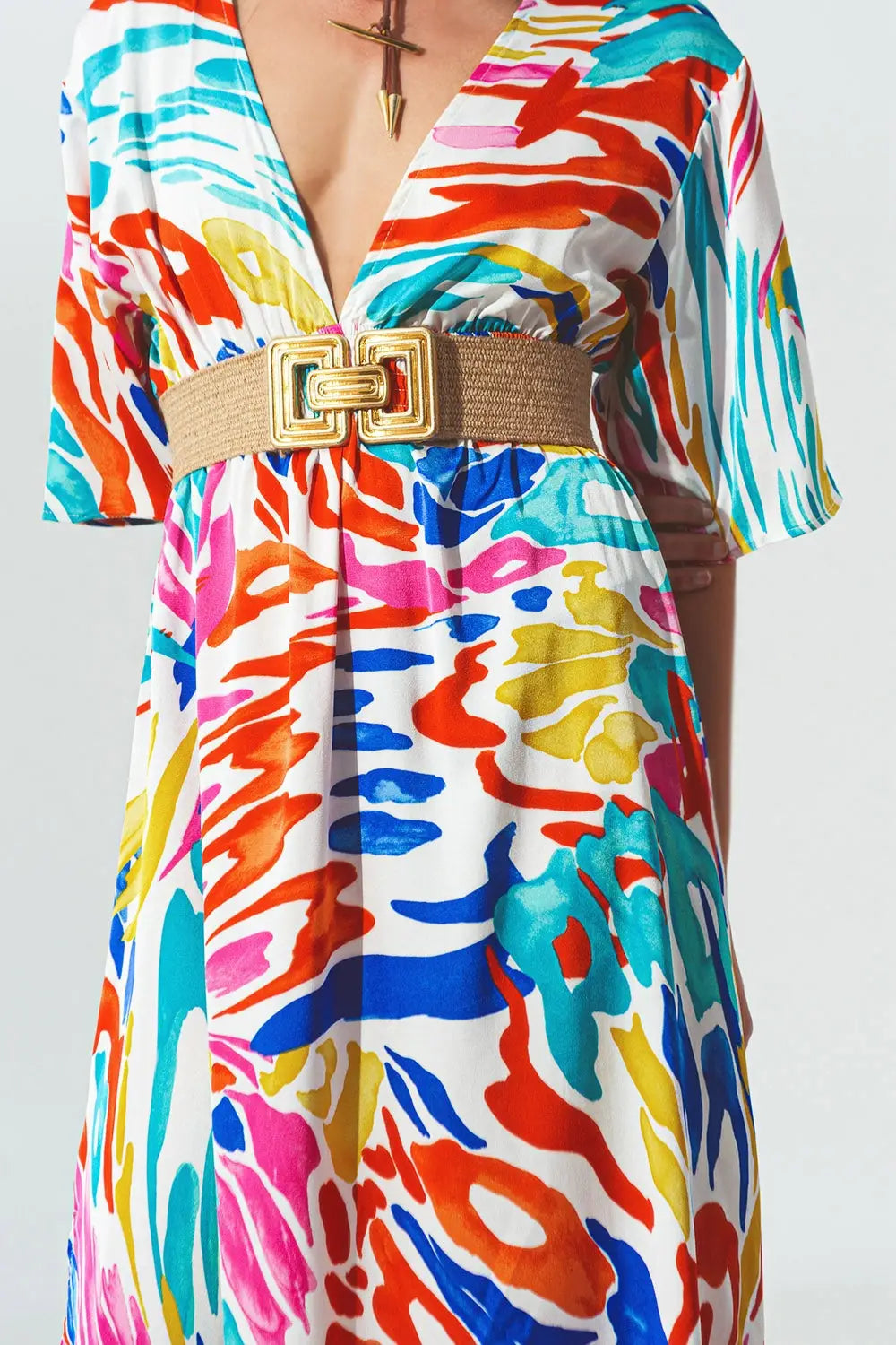 V Neck Maxi Dress with Multicolor Print - Dresses