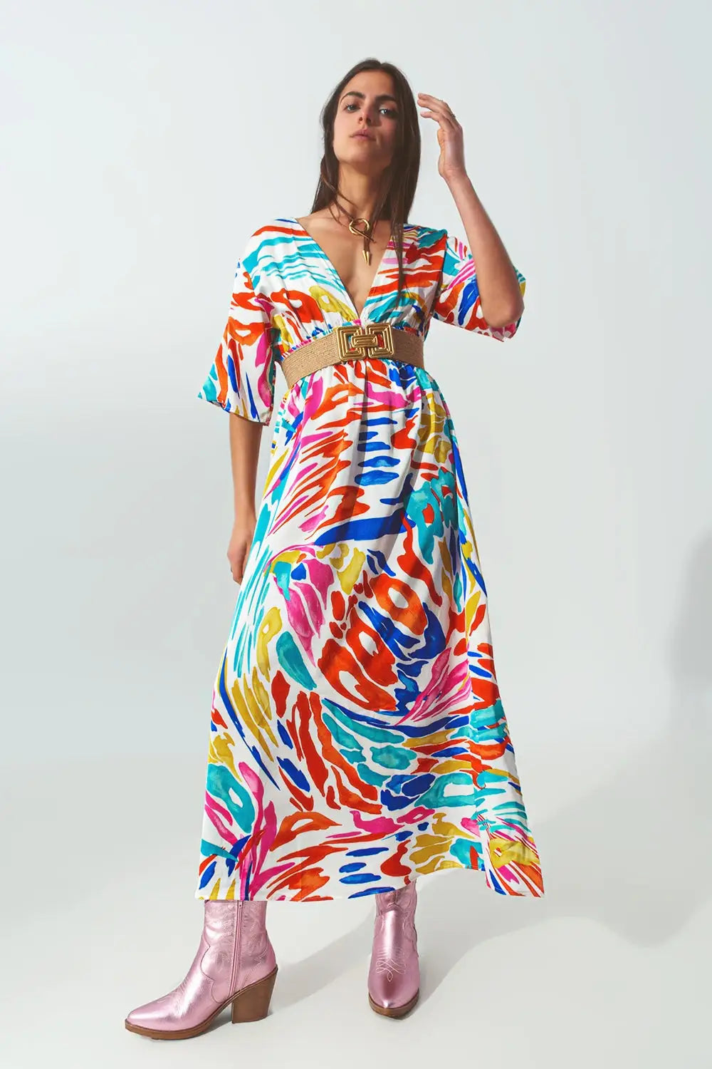 V Neck Maxi Dress with Multicolor Print - Dresses
