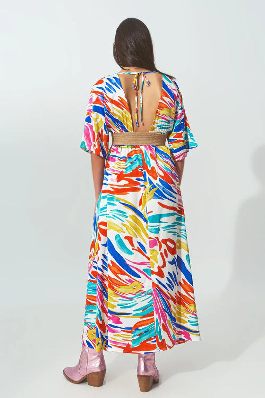 V Neck Maxi Dress with Multicolor Print - Dresses