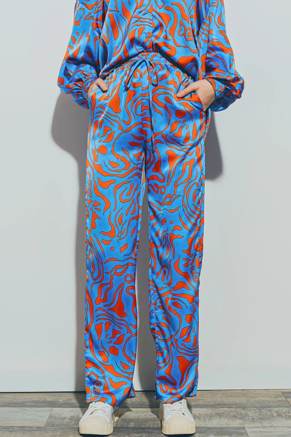Satin Pants with Elastic Waist in Blue - Pants