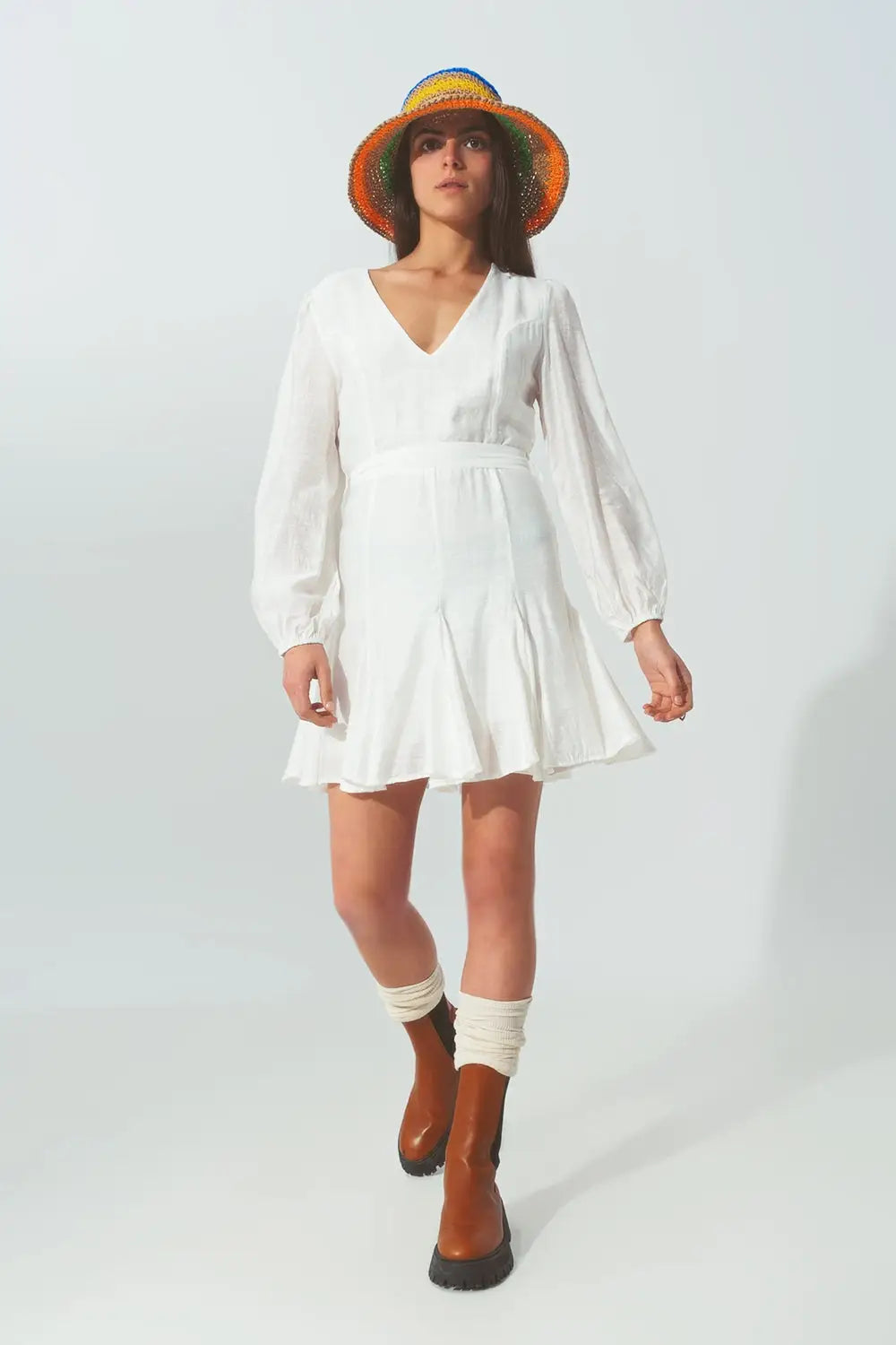 Ruffle V Neck Dress in White - Dresses