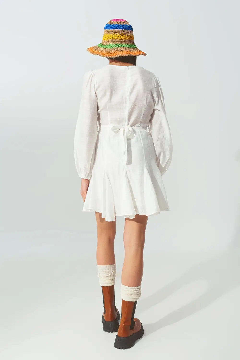 Ruffle V Neck Dress in White - Dresses